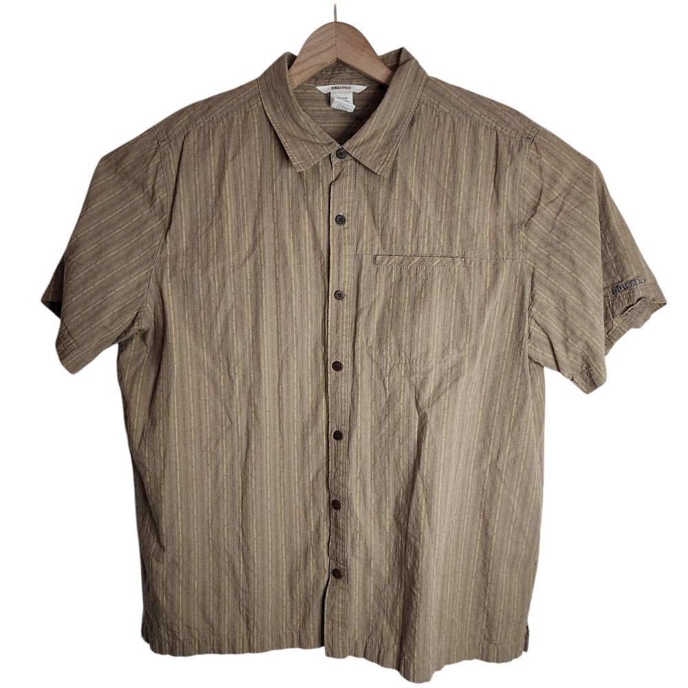 Marmot‎ Button Up Shirt Men's XXL Hiking Short Sleeve Top Striped Olive Green